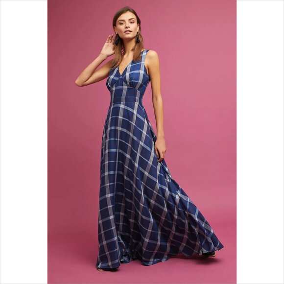 Harshman Rainer maxi dress blue plaid sleeveless full skirt fit flare new Small - Picture 1 of 6
